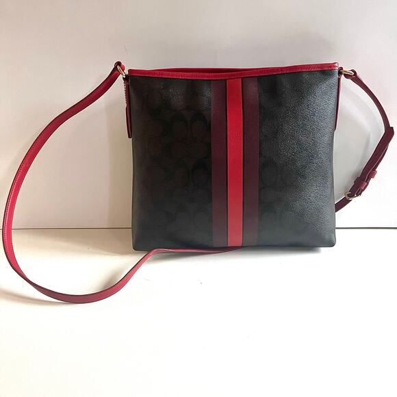COACH Signature Leather Racing Stripe, Brown and Red, AUTHENTIC Crossbody - Picture 11 of 16